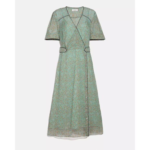 Coach Printed Long Chiffon V Neck Turquoise Brown Dress Size 2 - Picture 1 of 13